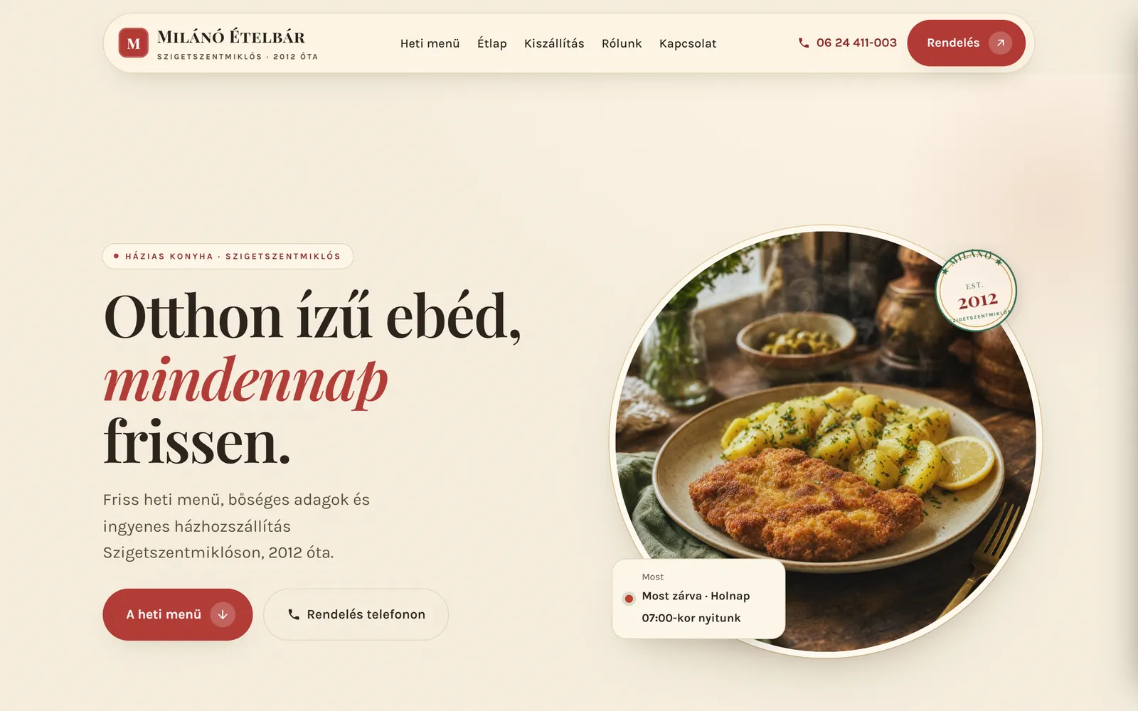 A Milánó Ételbár készülő weboldalának nyitóoldala