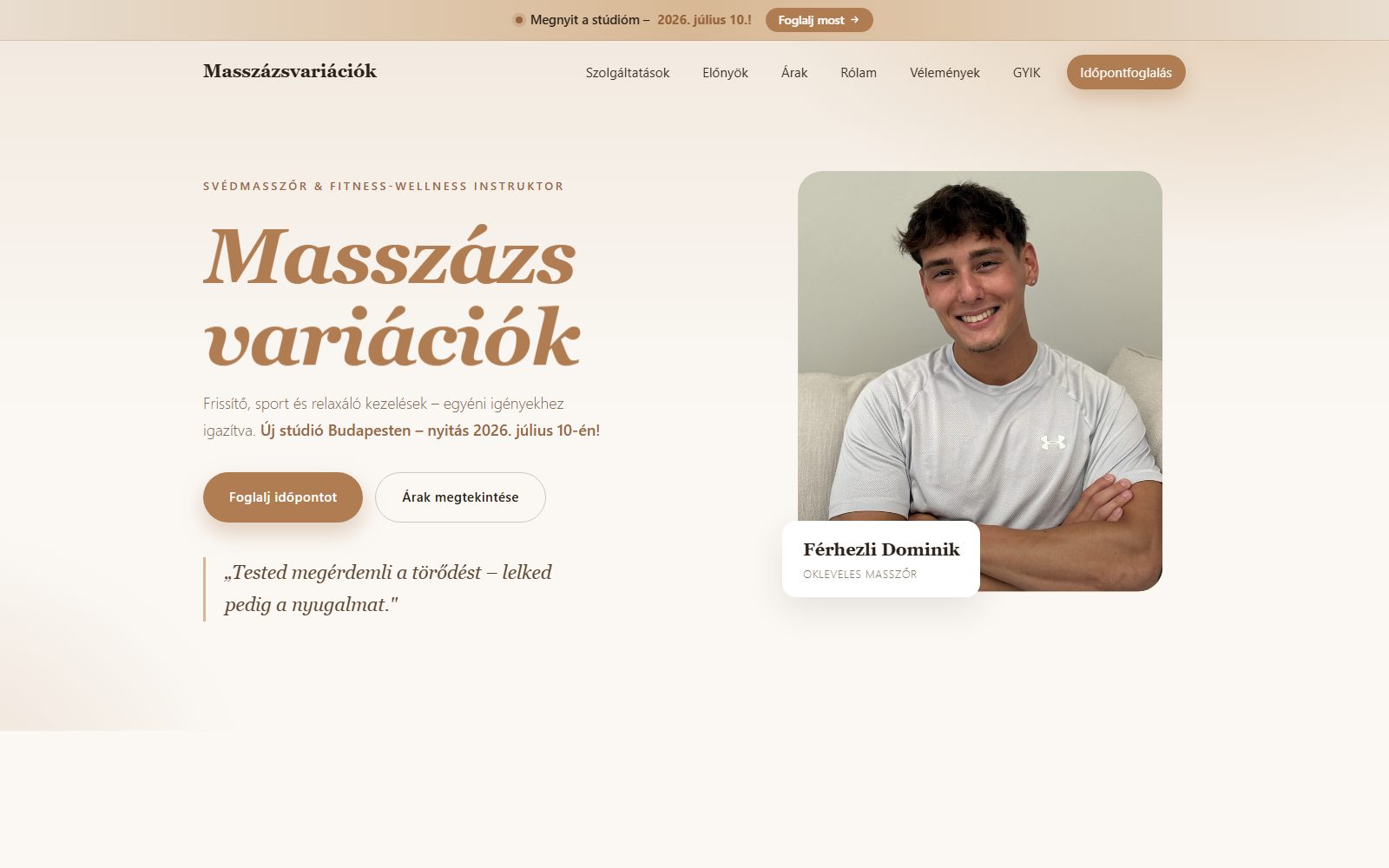 domimassage.hu, masszőr foglalós weboldal nyitóoldala